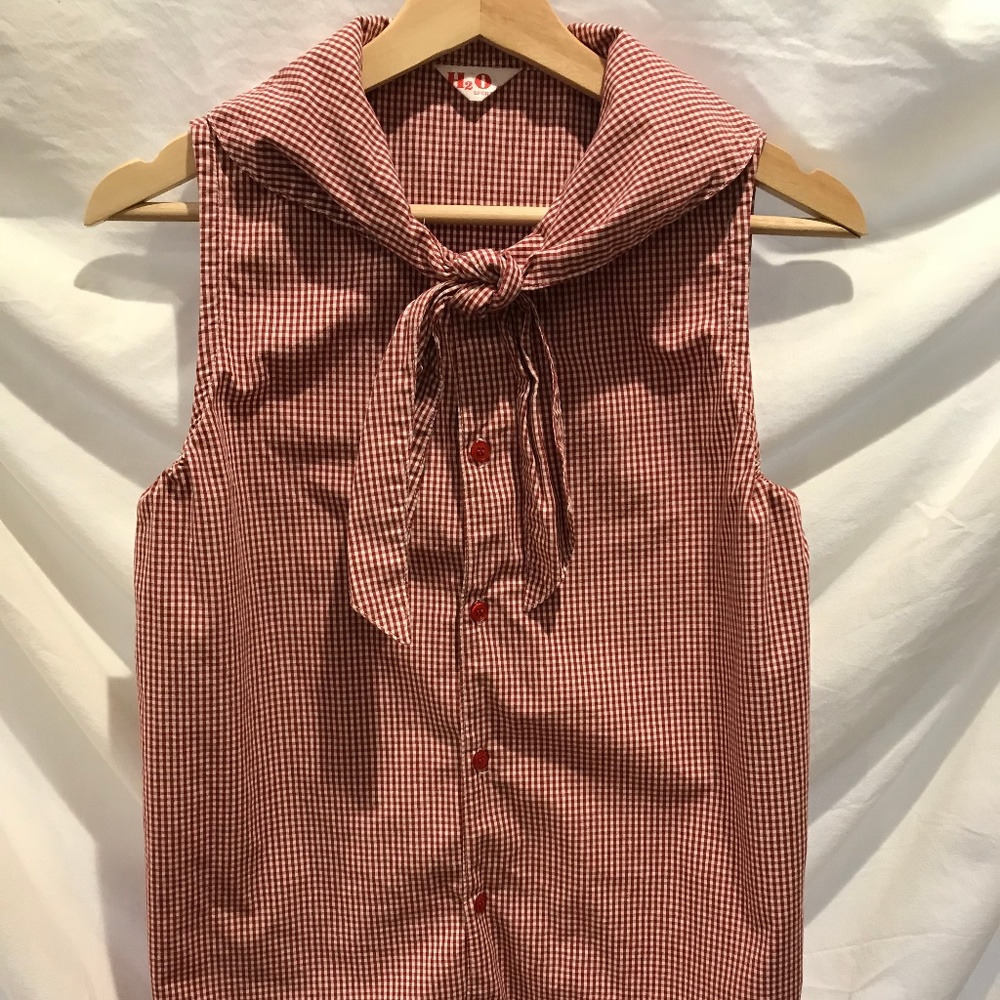Red Gingham Button Down Tank Top w/ Neck Tie